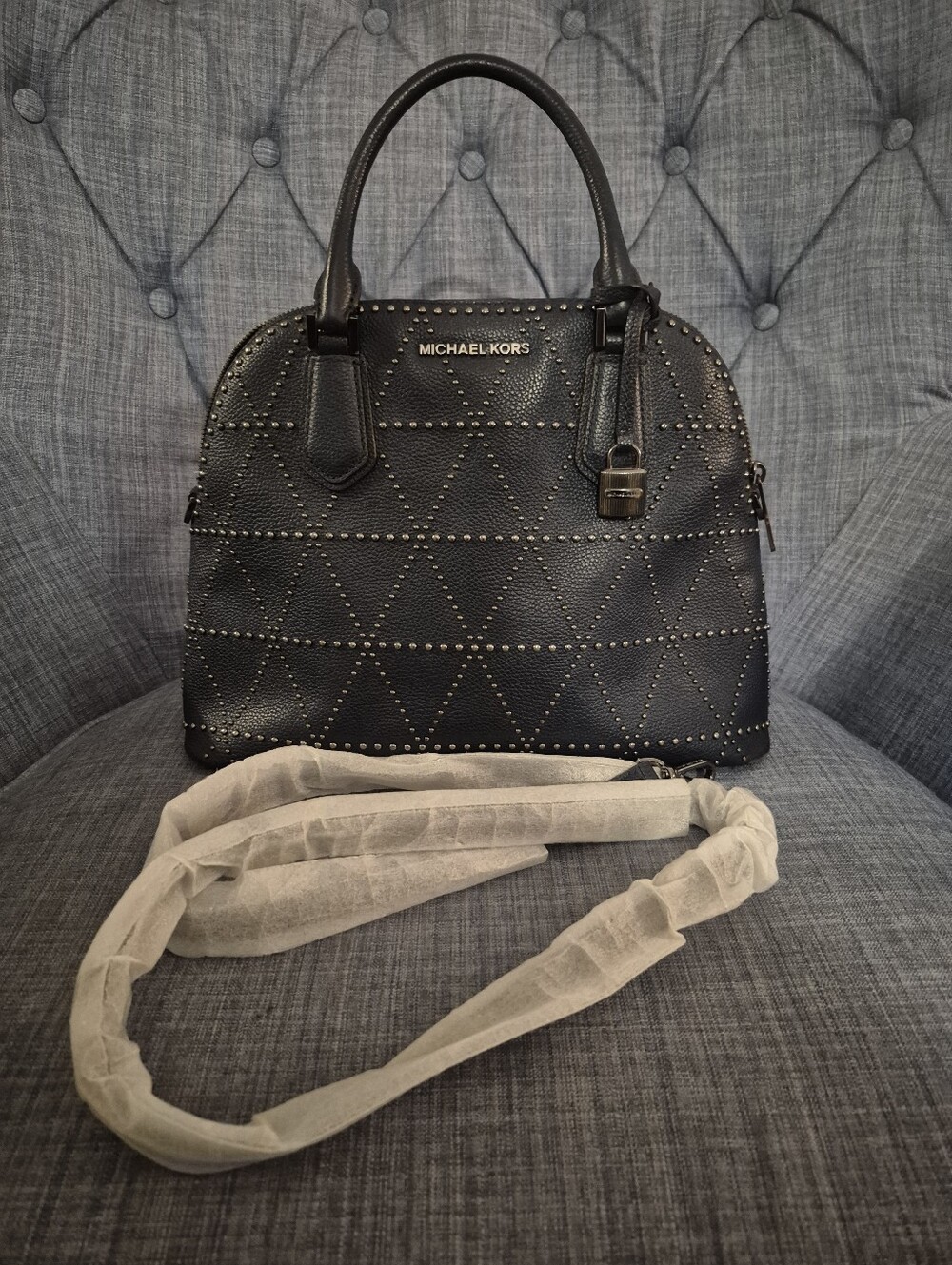 Michael Kors Blue Studded Satchel with Gold Hardware